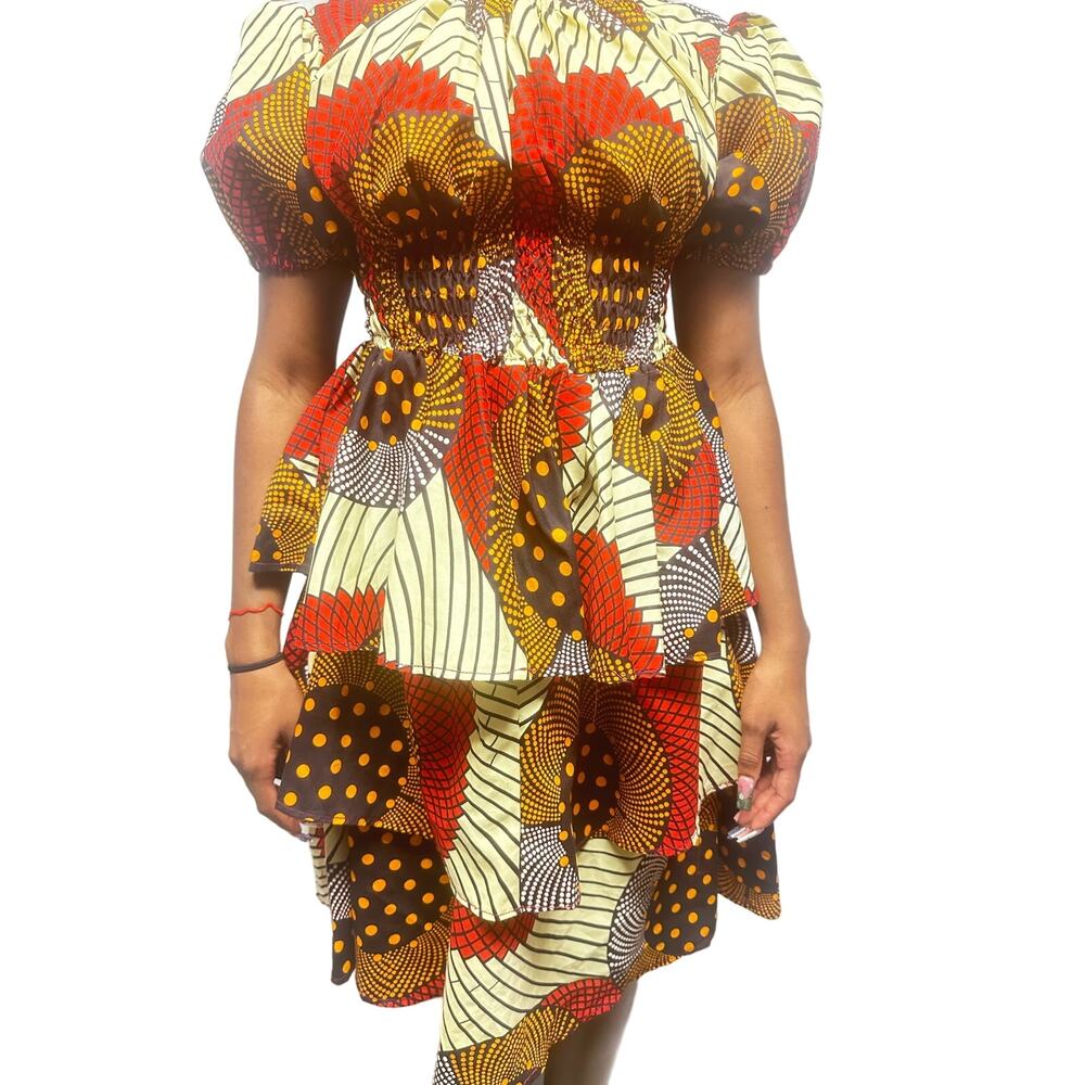 Red multi colored african print dress with open shoulders and puff sleeves